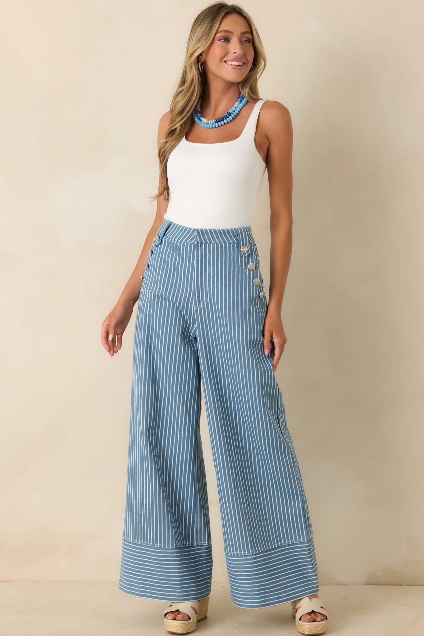 Hey, Sailor Blue Stripe Cotton Button Detail Wide Leg Pants