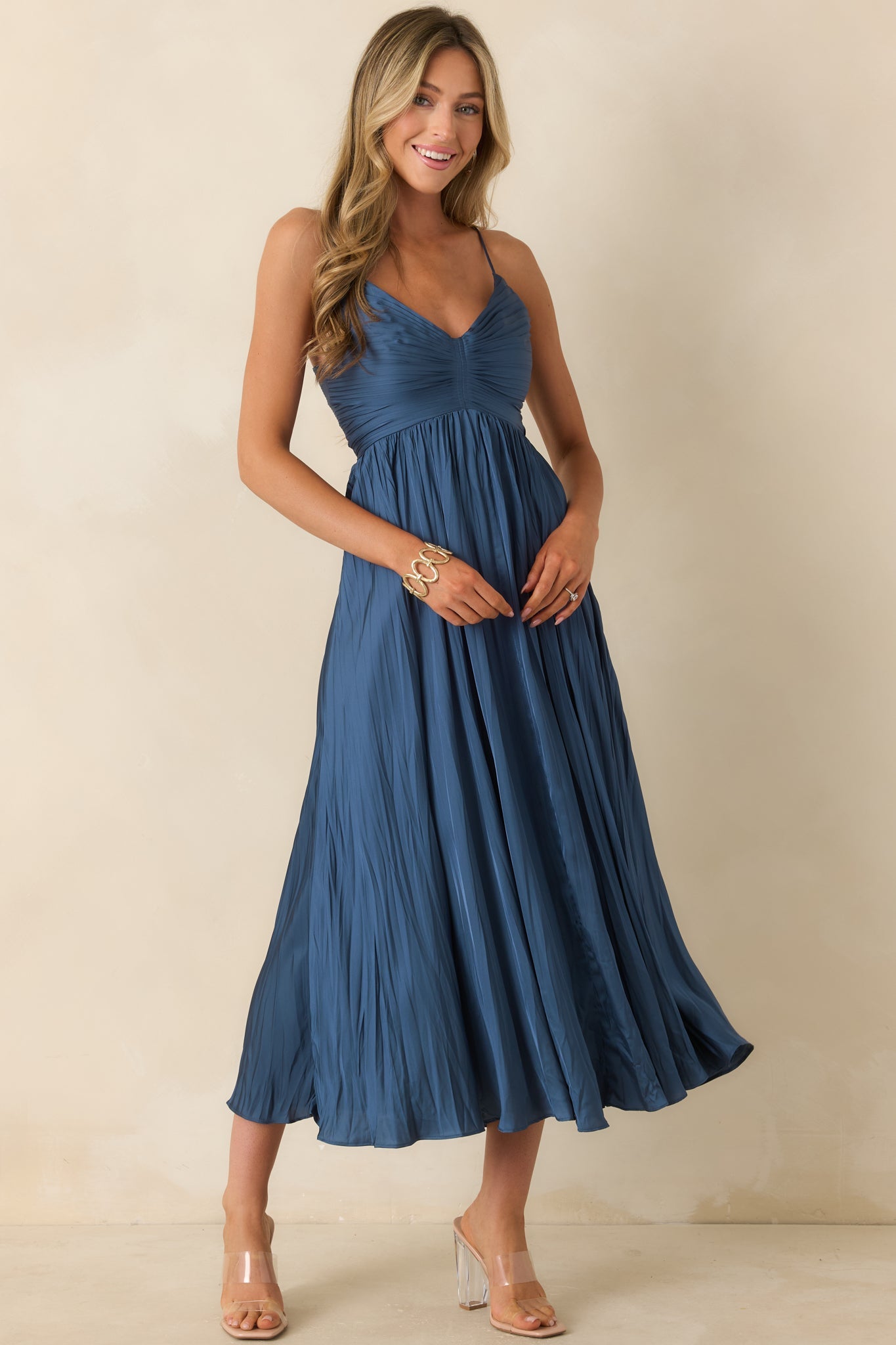ASTR The Label Maeve Navy Pleated Midi Dress