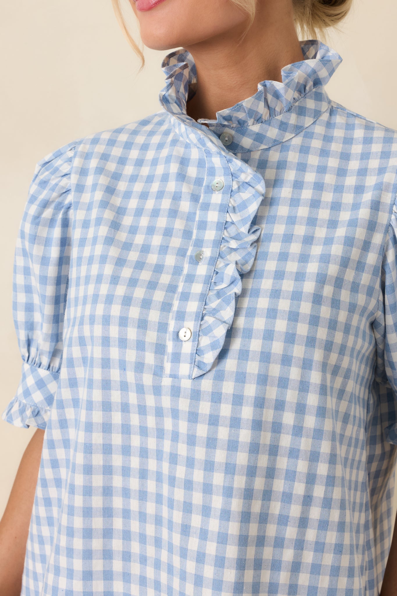 Country Daydream Blue Gingham Ruffle Trim Blouse