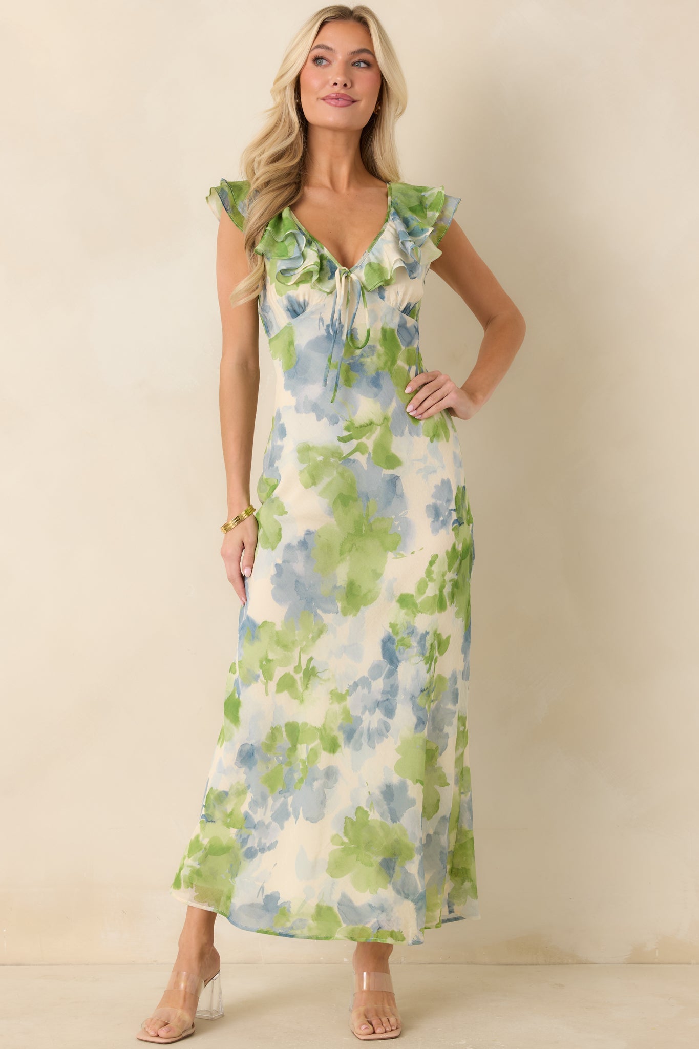 MINKPINK Carrie Blue & Green Watercolor Floral Ruffled Midi Dress