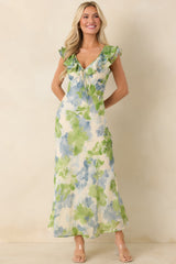 MINKPINK Carrie Blue & Green Watercolor Floral Ruffled Midi Dress