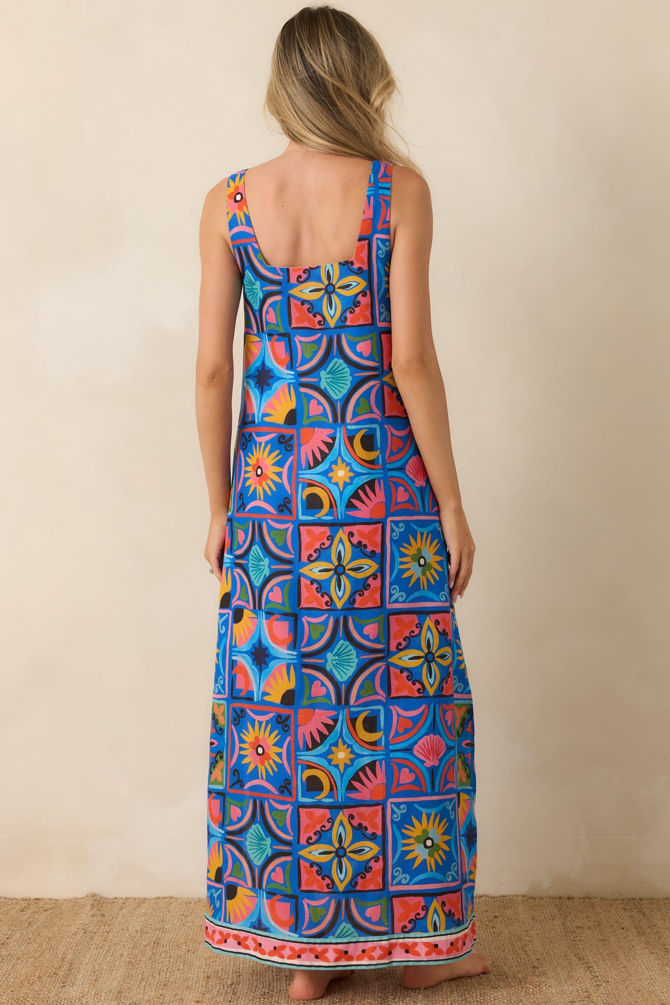 Paradisa Nerissa Blue Mediterranean Tile Print Linen Blend Maxi Dress