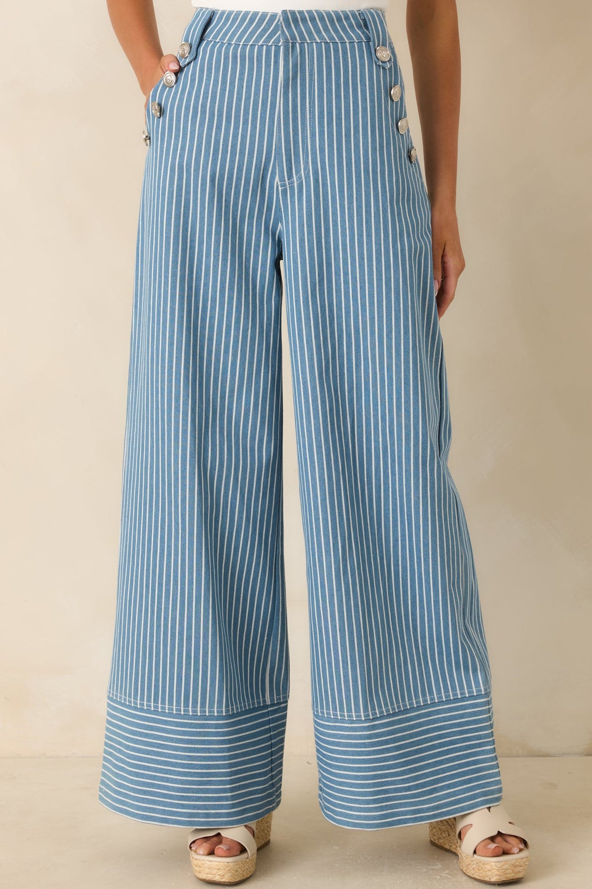 Hey, Sailor Blue Stripe Cotton Button Detail Wide Leg Pants