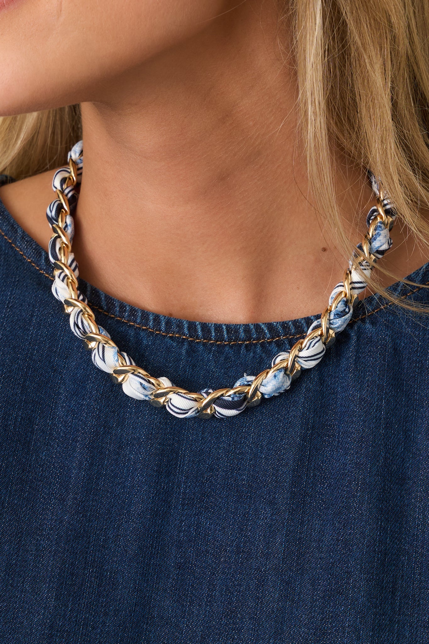 Heiress Luxe Blue Multi Scarf-Woven Gold Chain Necklace