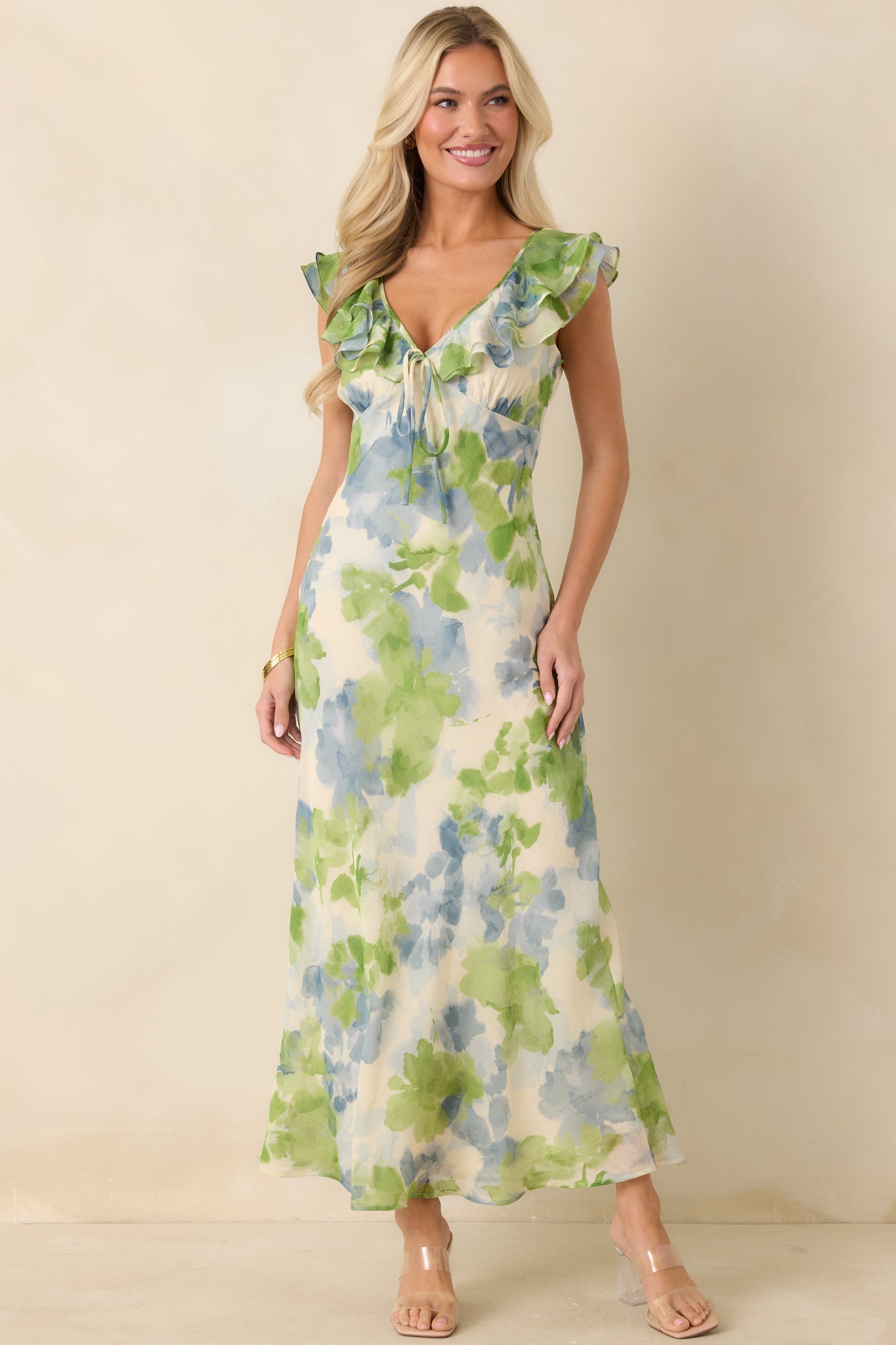 MINKPINK Carrie Blue & Green Watercolor Floral Ruffled Midi Dress