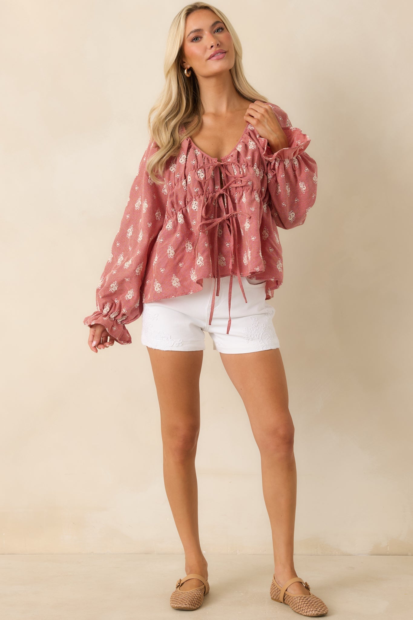 FRNCH Maui Red Vintage Floral Cotton Tie Front Blouse