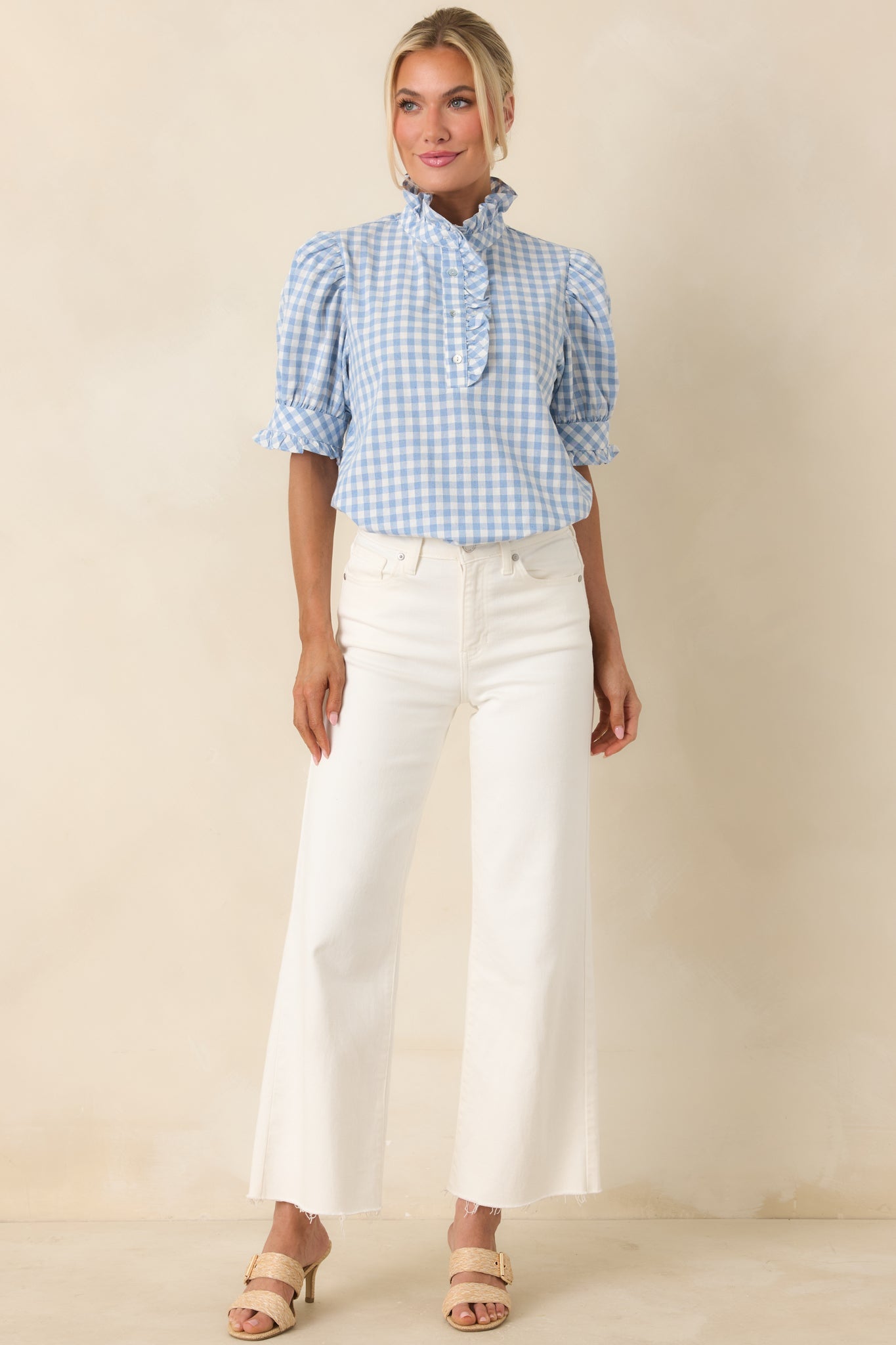 Country Daydream Blue Gingham Ruffle Trim Blouse