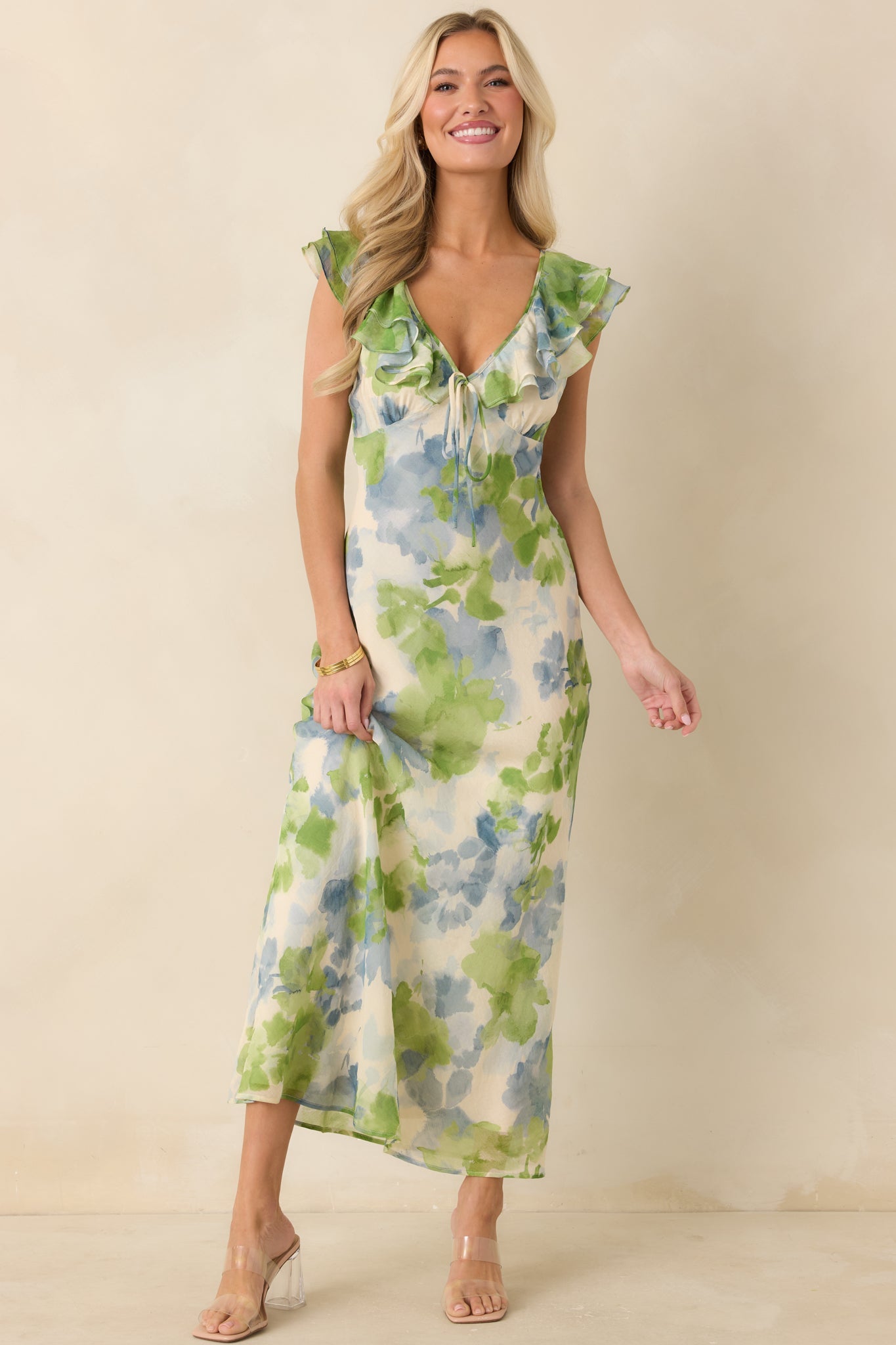 MINKPINK Carrie Blue & Green Watercolor Floral Ruffled Midi Dress