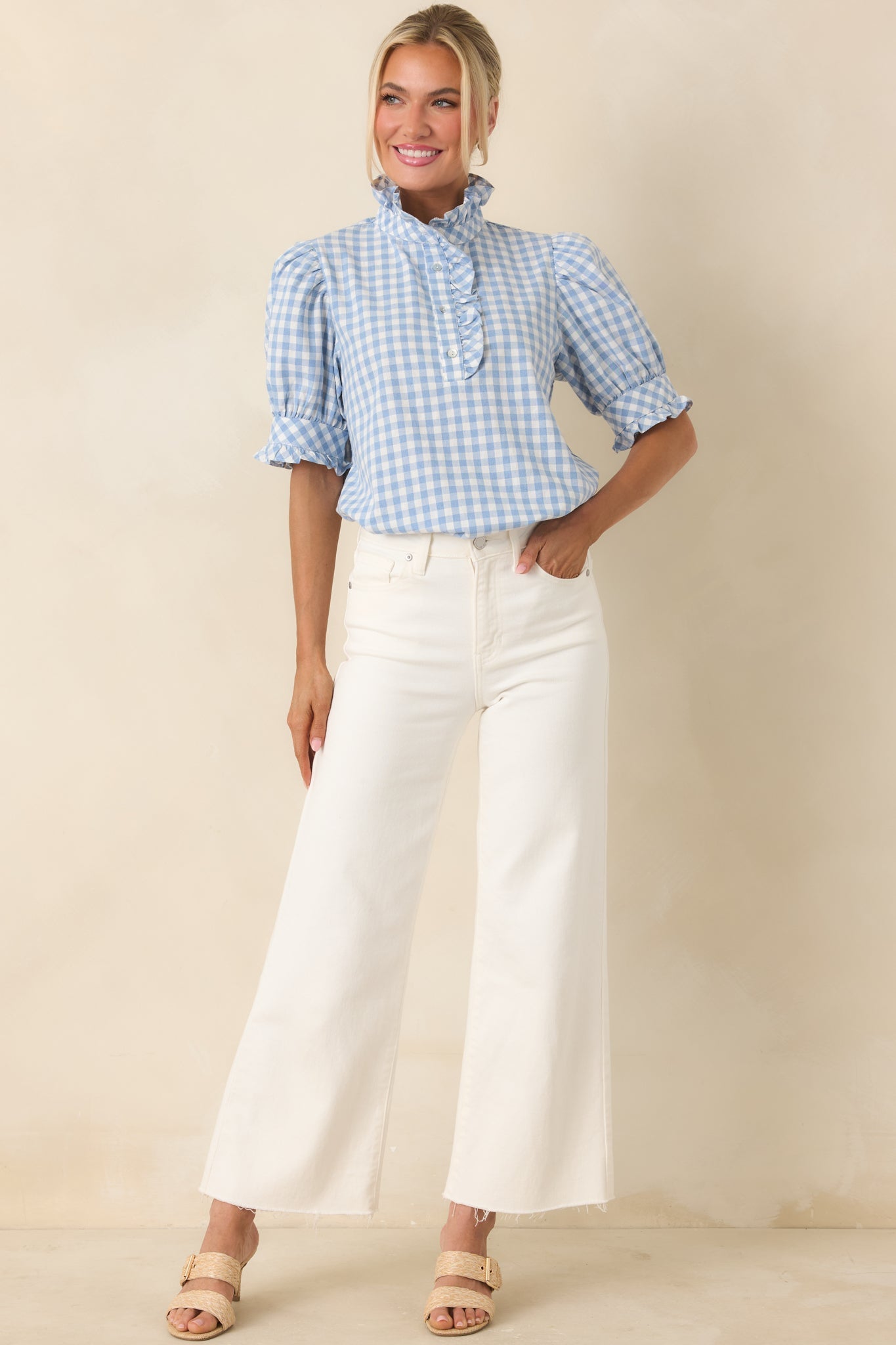 Country Daydream Blue Gingham Ruffle Trim Blouse