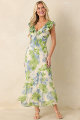 MINKPINK Carrie Blue & Green Watercolor Floral Ruffled Midi Dress