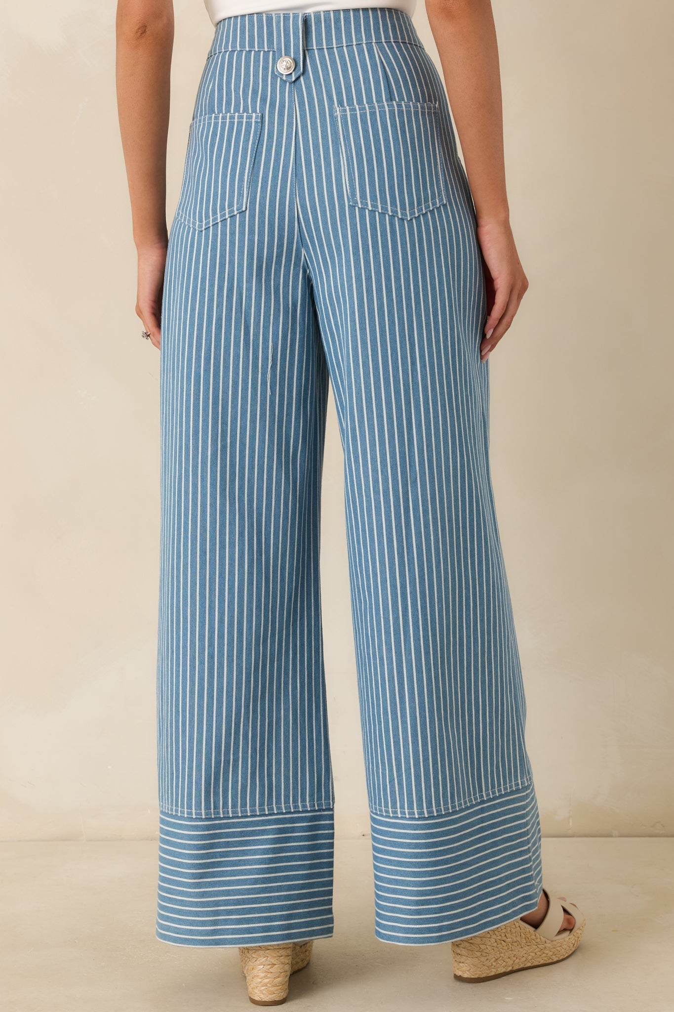 Hey, Sailor Blue Stripe Cotton Button Detail Wide Leg Pants