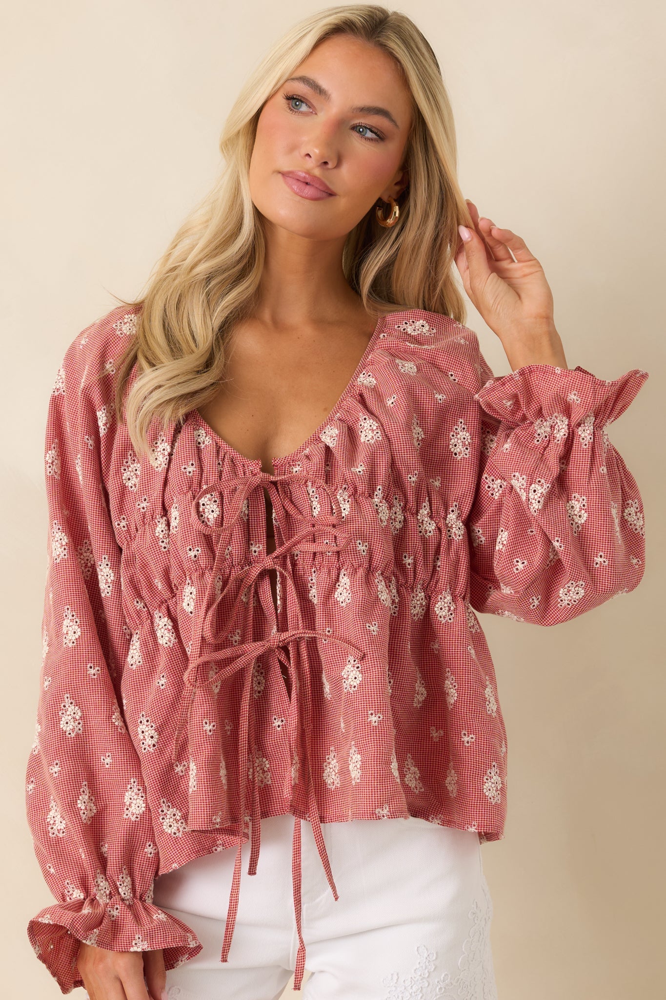 FRNCH Maui Red Vintage Floral Cotton Tie Front Blouse