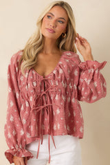 FRNCH Maui Red Vintage Floral Cotton Tie Front Blouse