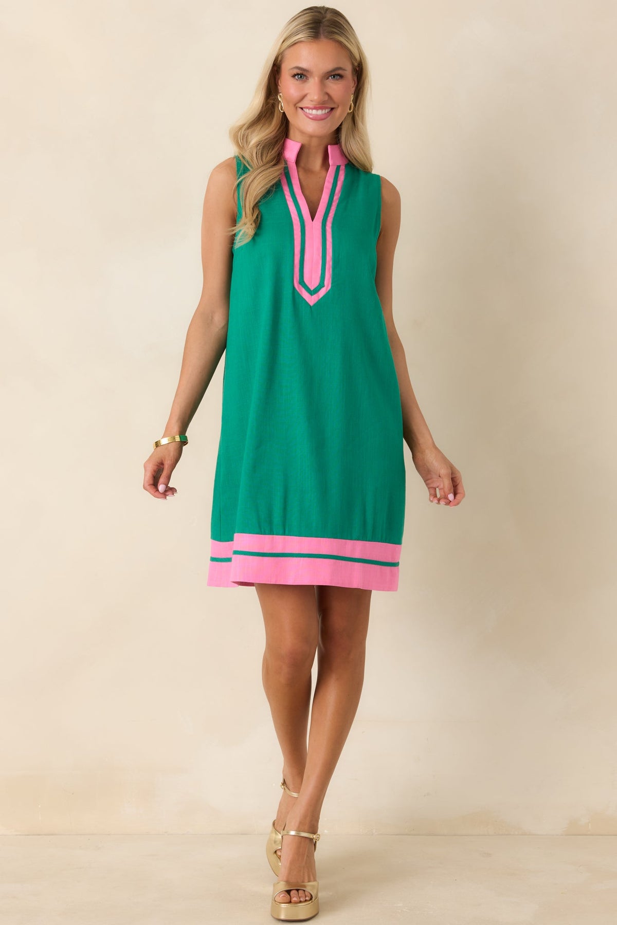 Make It Pop Green & Pink Contrast Trim Sleeveless Mini Dress