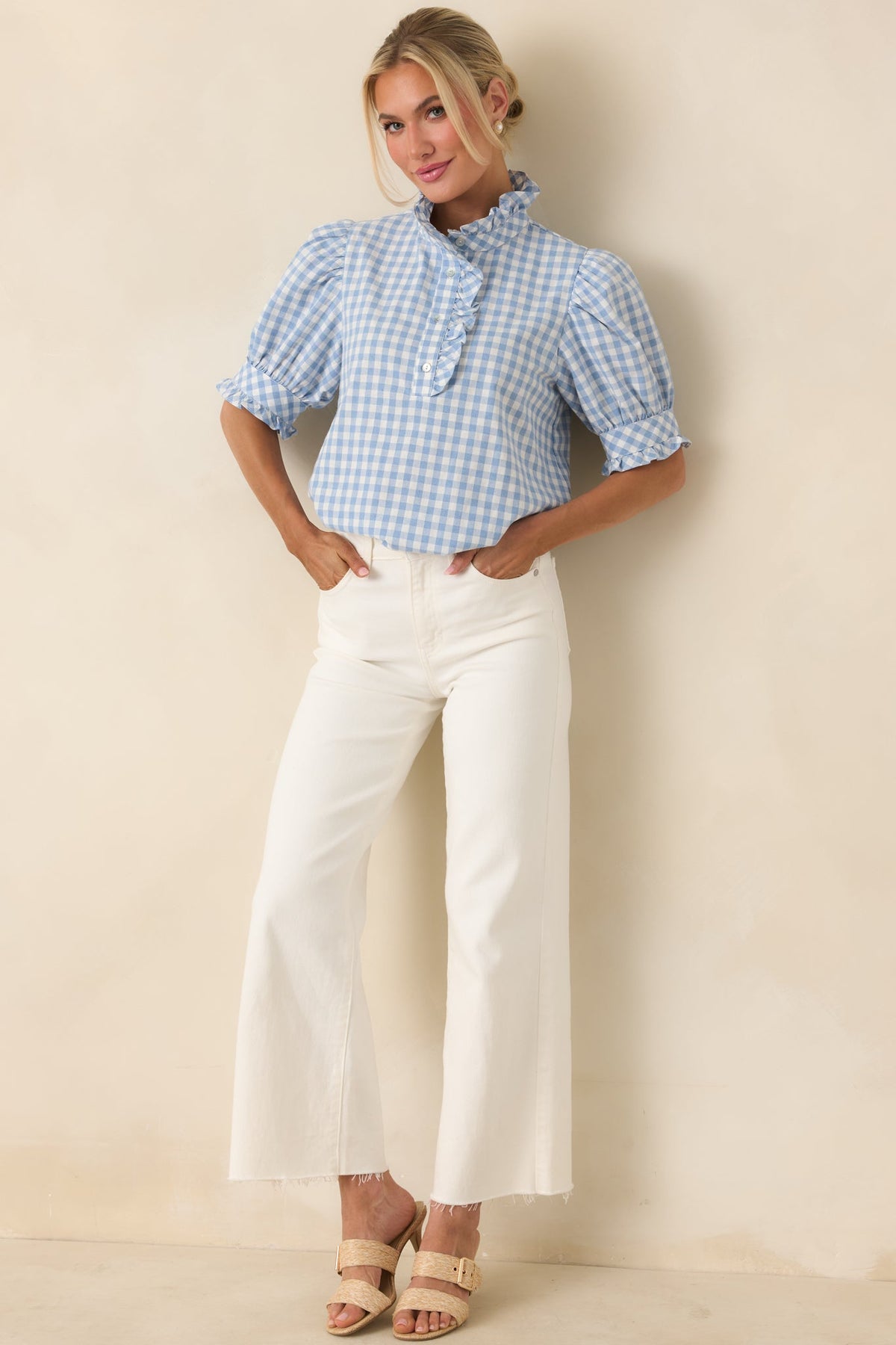 Country Daydream Blue Gingham Ruffle Trim Blouse