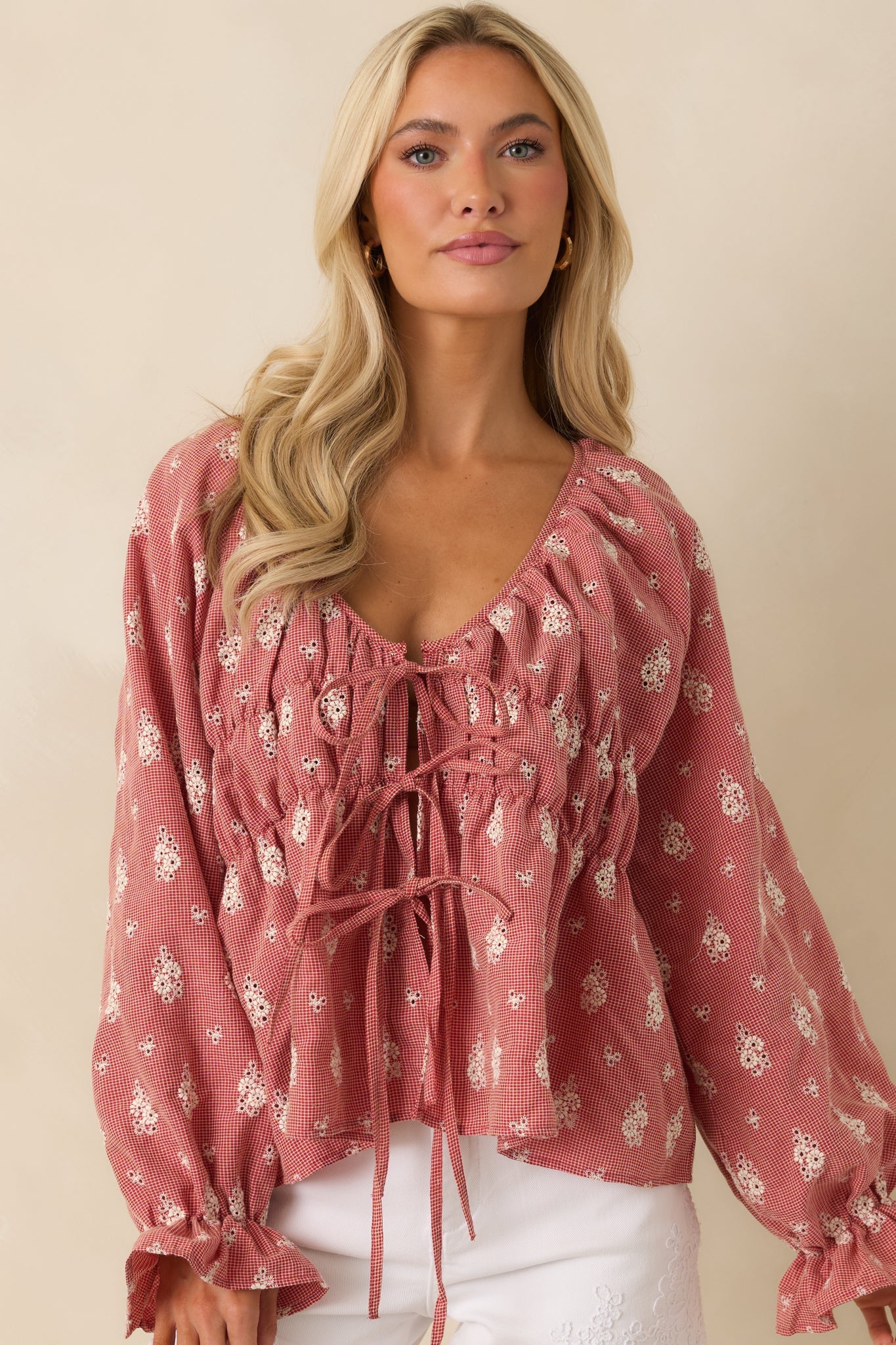 FRNCH Maui Red Vintage Floral Cotton Tie Front Blouse