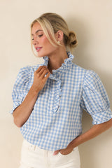Country Daydream Blue Gingham Ruffle Trim Blouse