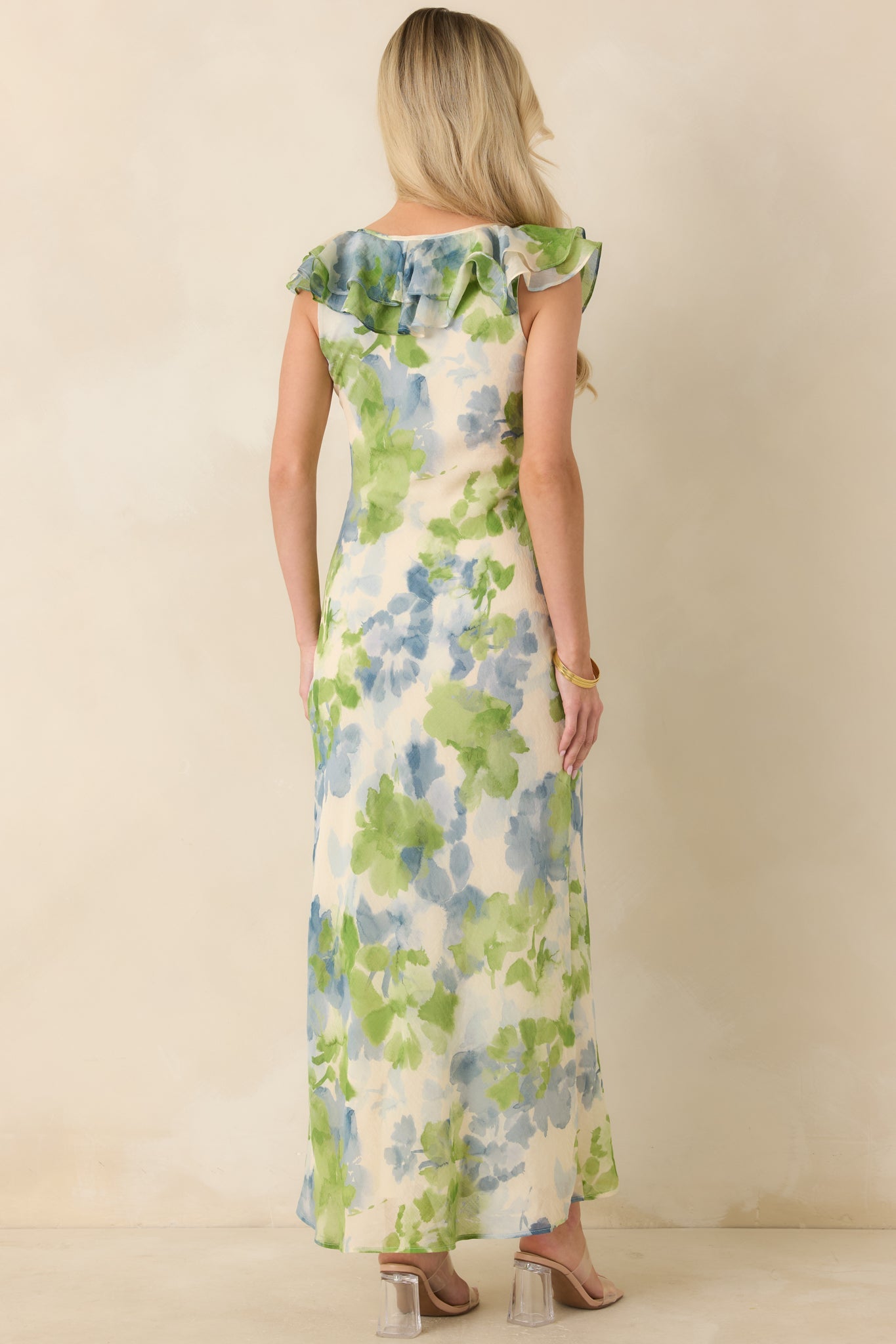 MINKPINK Carrie Blue & Green Watercolor Floral Ruffled Midi Dress