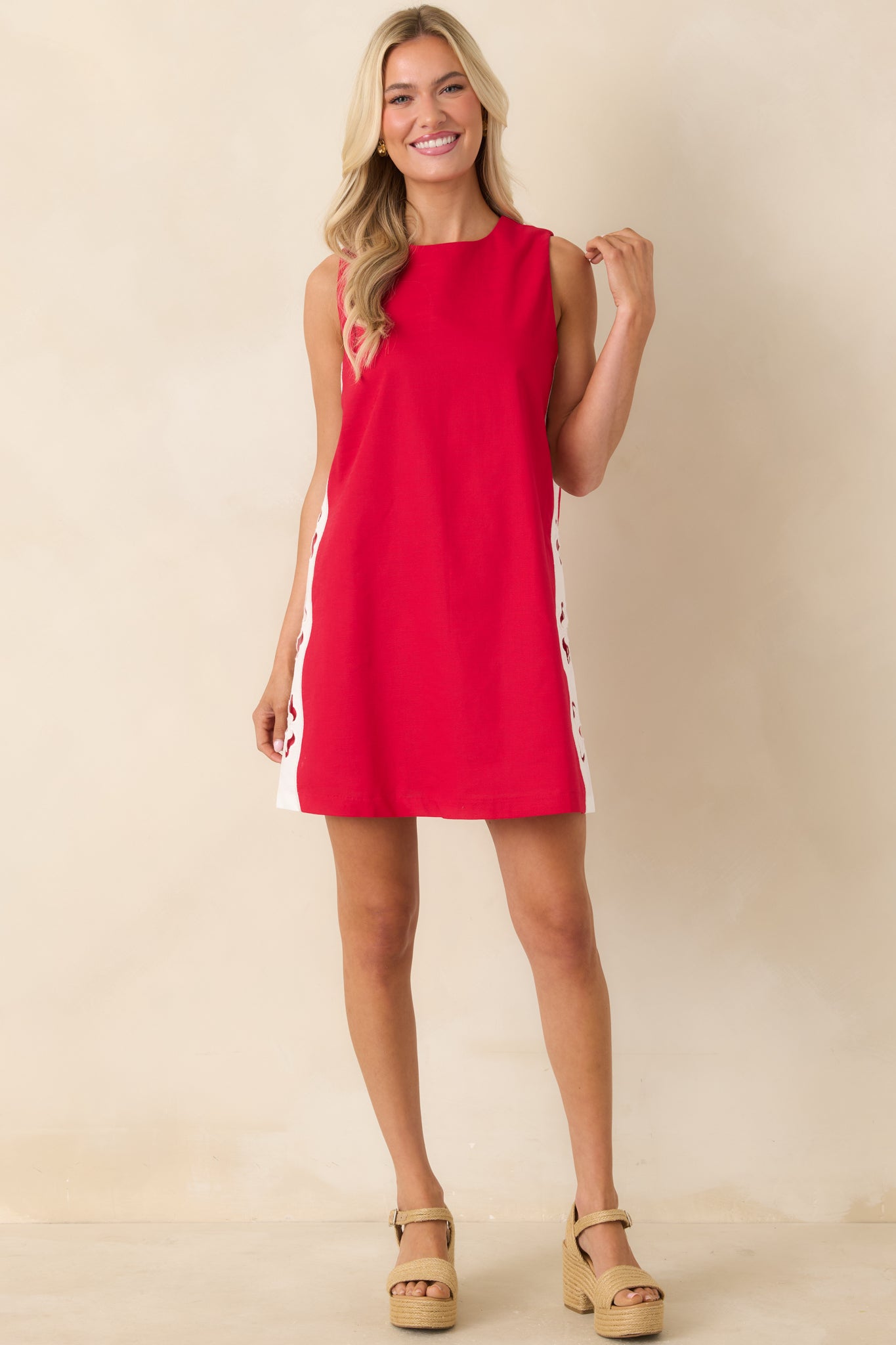 Cut It Out Red & White Linen Blend Floral Cutout Mini Dress
