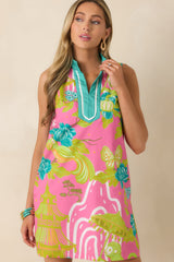 Prosperina Camille Pink Multi Chinoiserie Cotton Mini Shift Dress