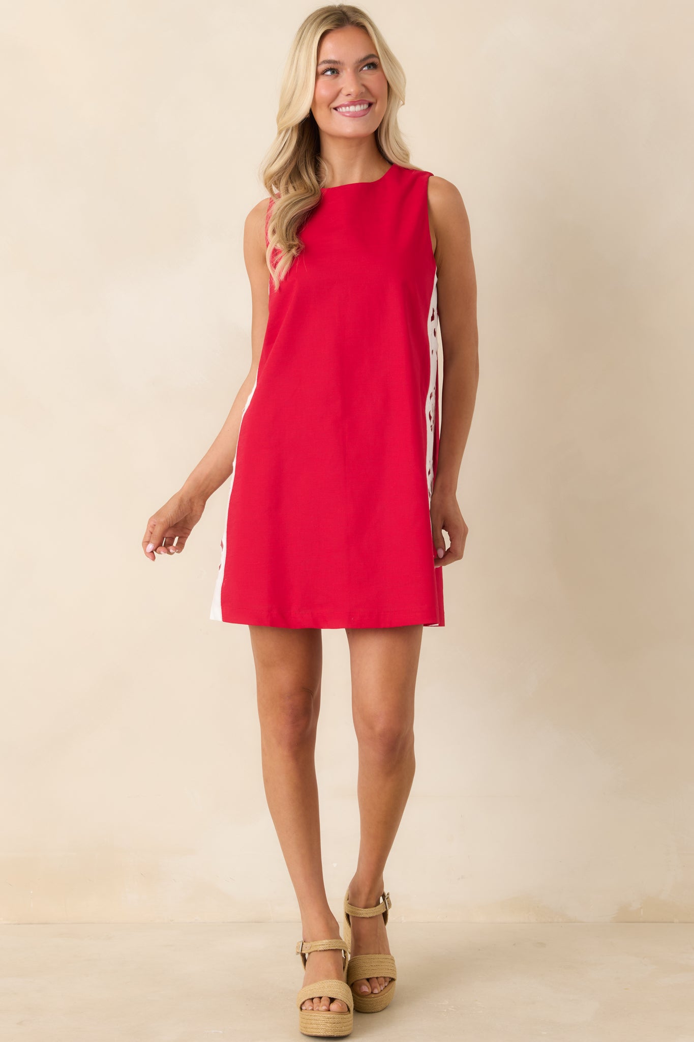 Cut It Out Red & White Linen Blend Floral Cutout Mini Dress