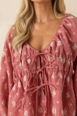 FRNCH Maui Red Vintage Floral Cotton Tie Front Blouse