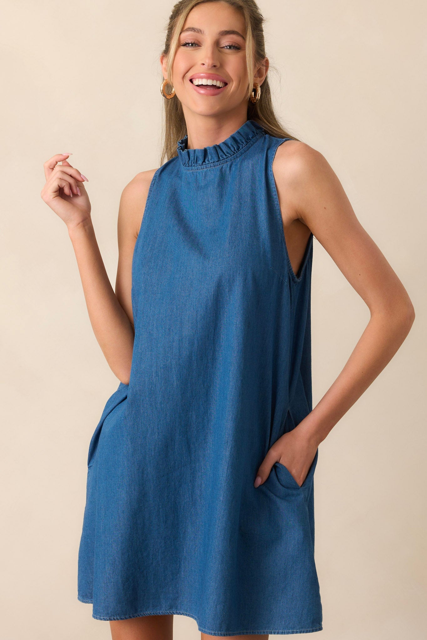 Simple Life Dark Wash Chambray Cotton Mini Dress