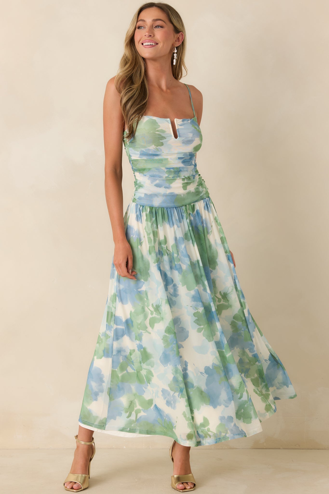MINKPINK Carrie Blue & Green Watercolor Floral Mesh Maxi Dress