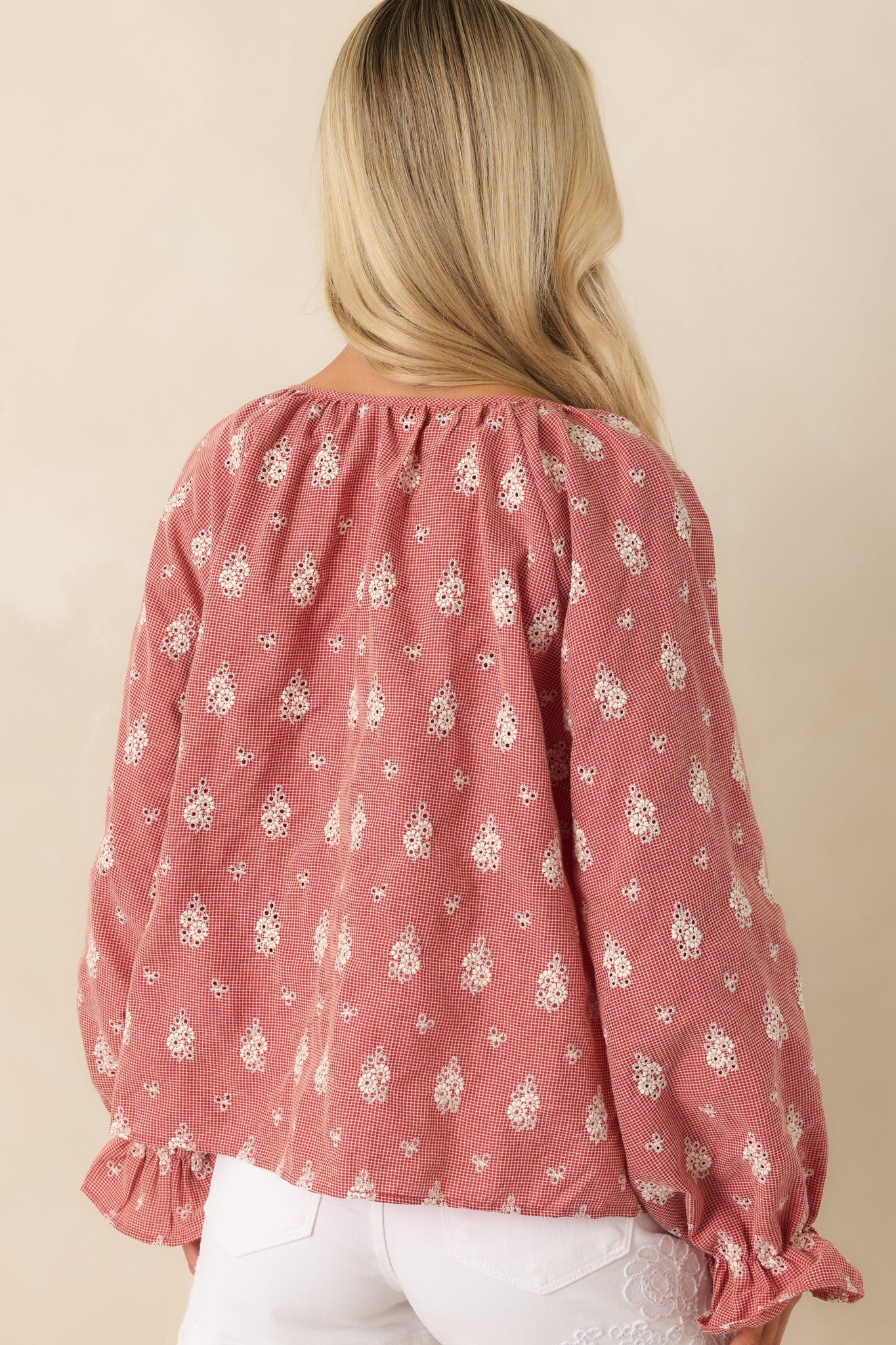 FRNCH Maui Red Vintage Floral Cotton Tie Front Blouse