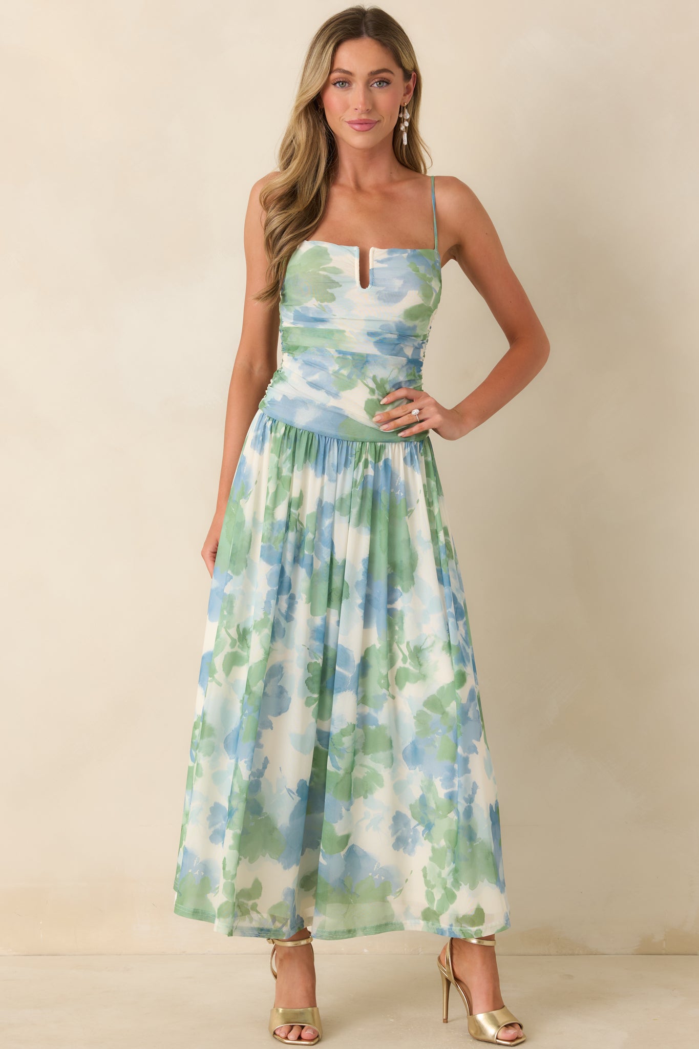 MINKPINK Carrie Blue & Green Watercolor Floral Mesh Maxi Dress