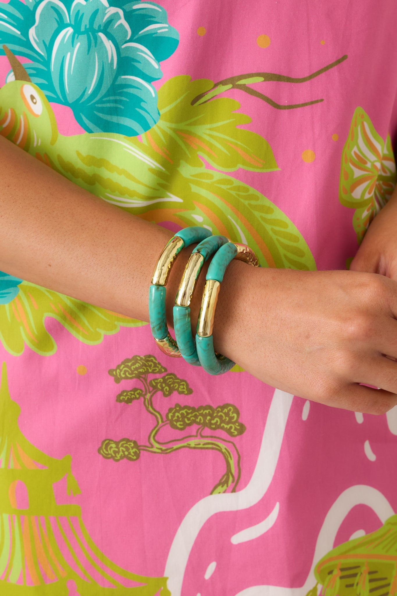Cabana Glow Turquoise & Gold Slim Beaded Stretch Bracelet
