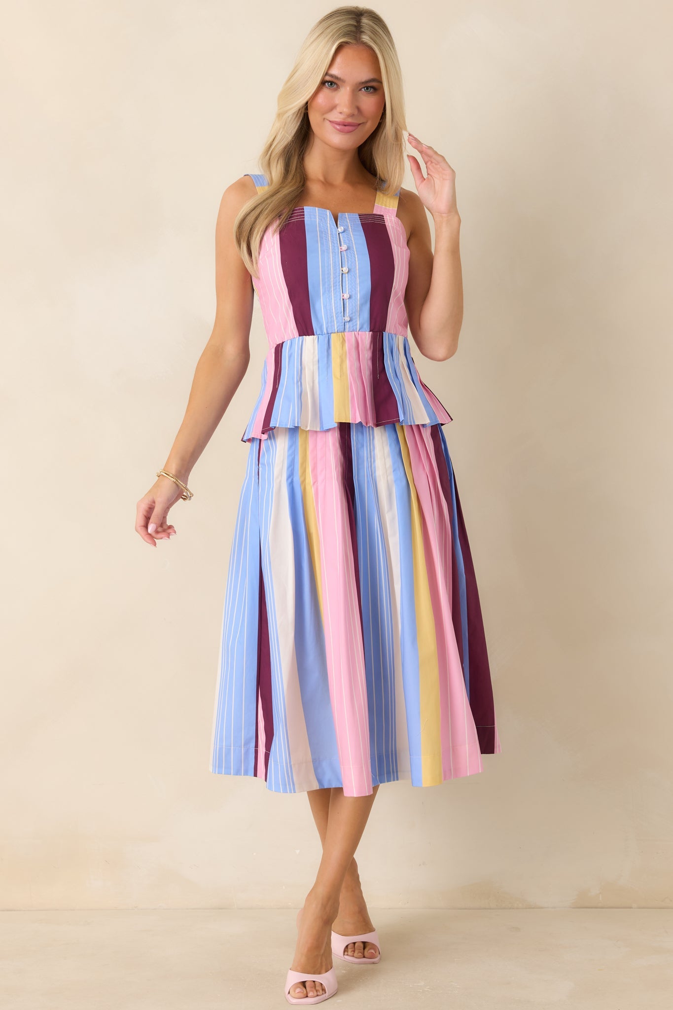 You Noticed Multi Stripe Cotton Pleated Sleeveless Peplum Top