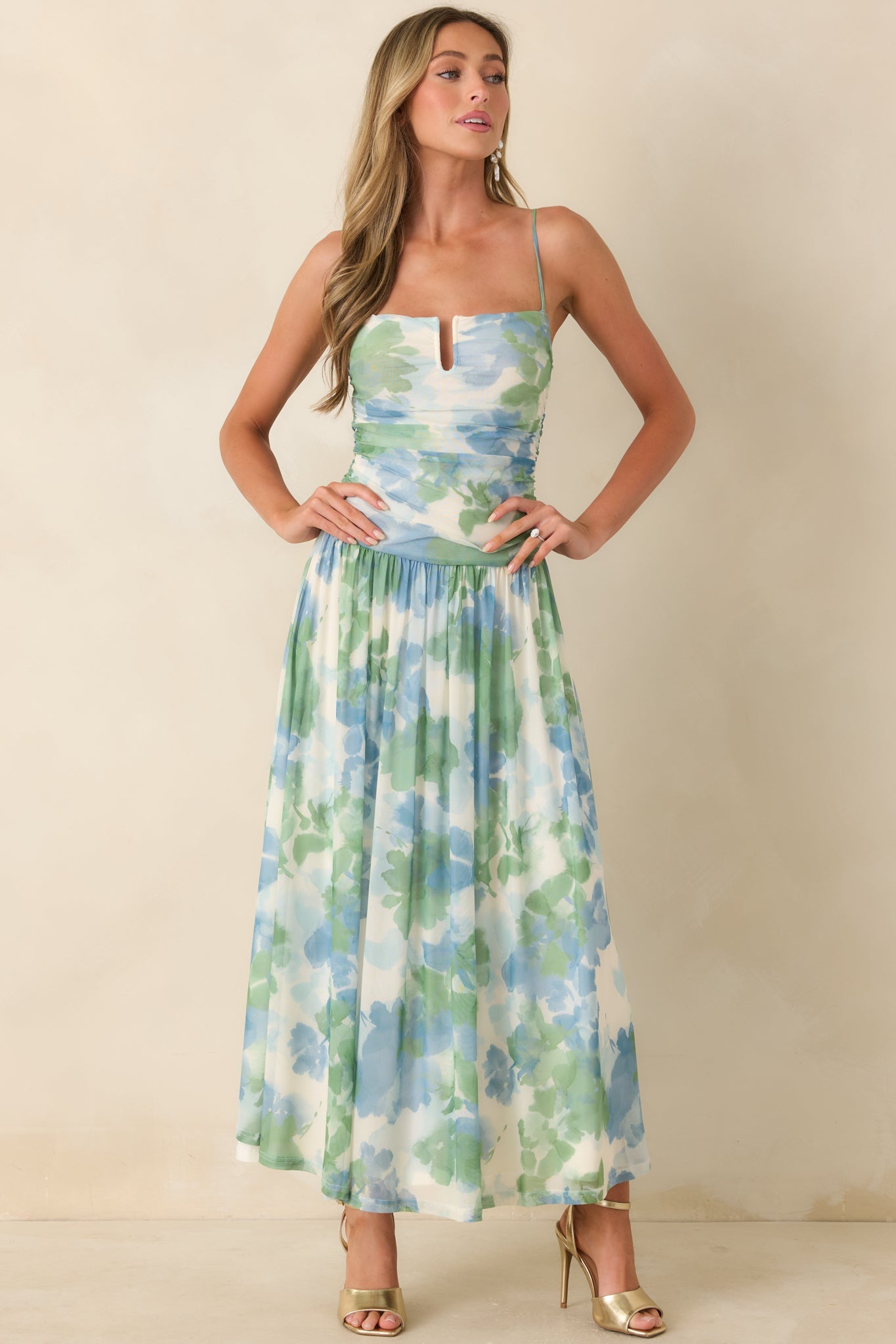 MINKPINK Carrie Blue & Green Watercolor Floral Mesh Maxi Dress