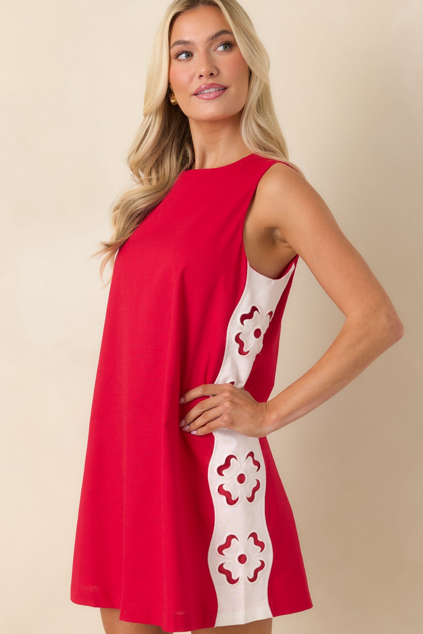 Cut It Out Red & White Linen Blend Floral Cutout Mini Dress