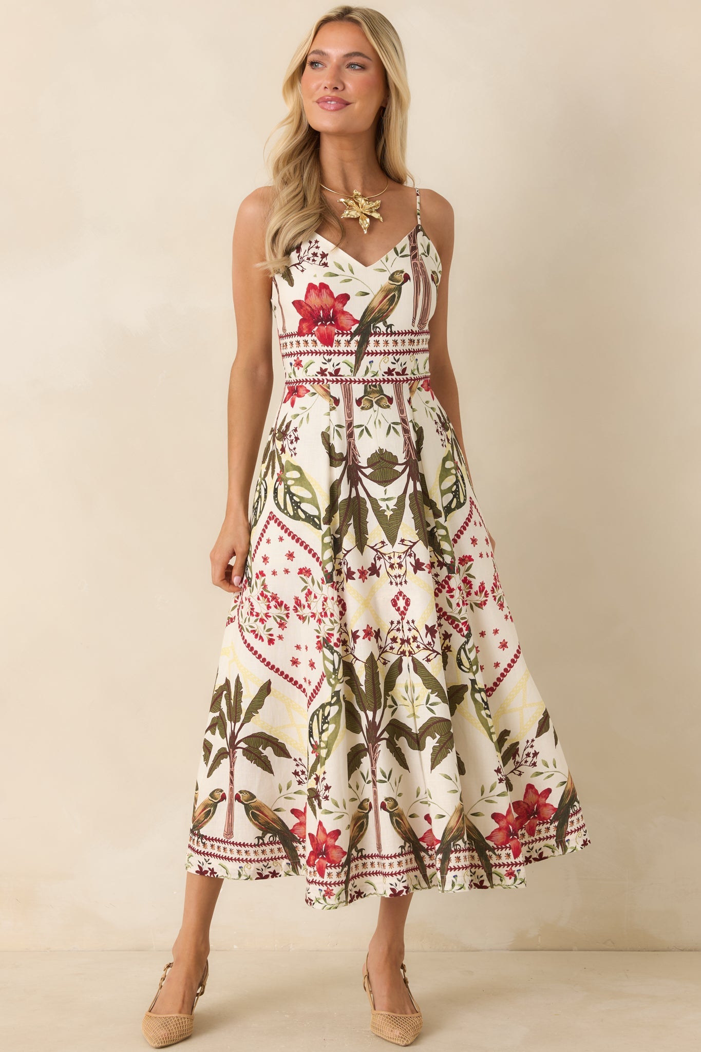Aylaya Luna Deep Red & Moss Green Multi Tropical Print Maxi Dress