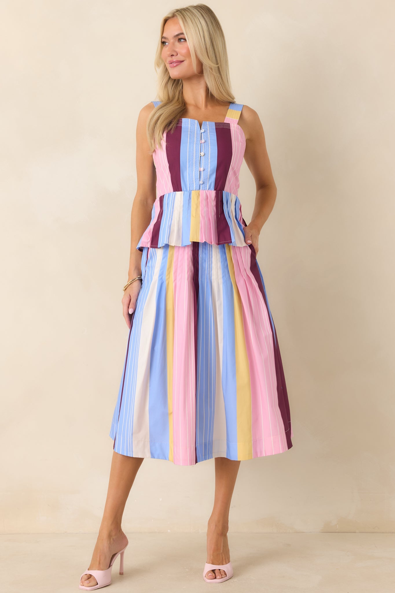 You Noticed Multi Stripe Cotton Pleated Sleeveless Peplum Top