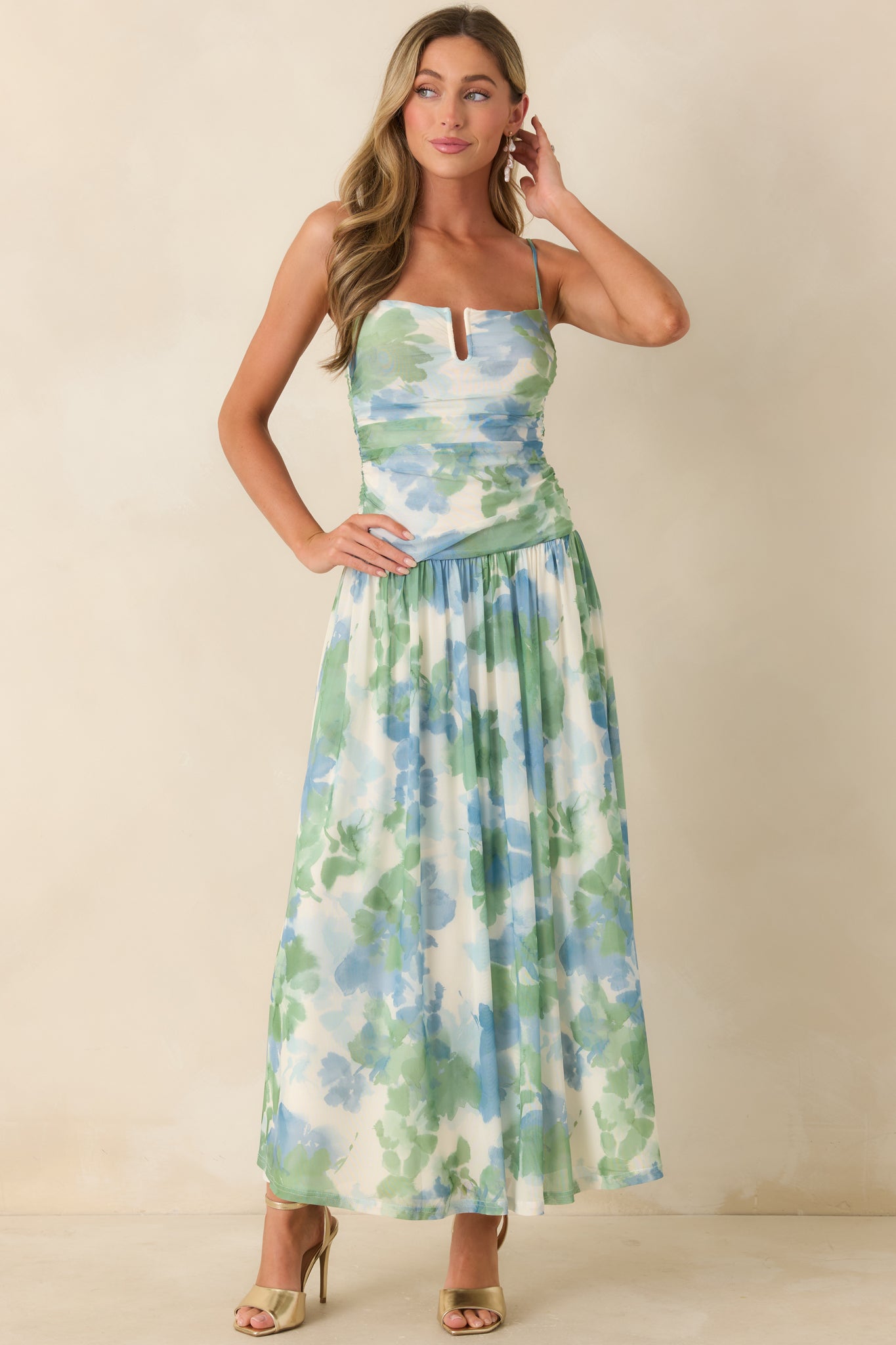 MINKPINK Carrie Blue & Green Watercolor Floral Mesh Maxi Dress