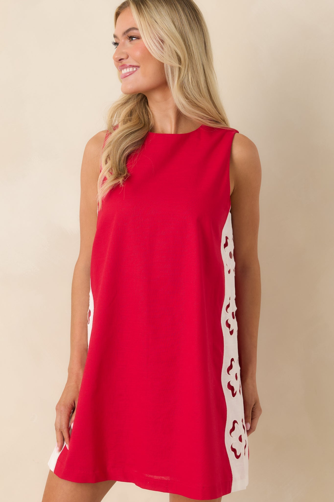 Cut It Out Red & White Linen Blend Floral Cutout Mini Dress