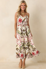 Aylaya Luna Deep Red & Moss Green Multi Tropical Print Maxi Dress