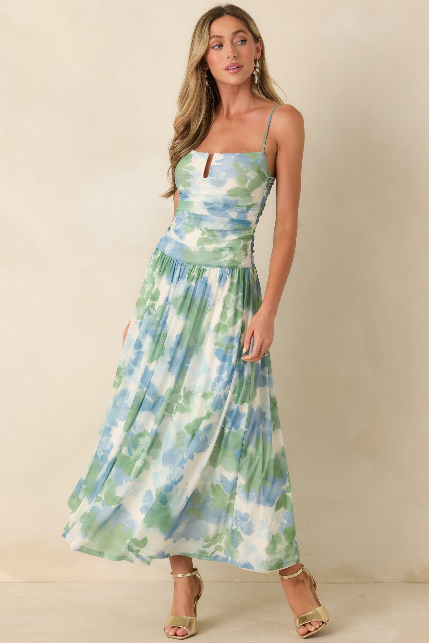 MINKPINK Carrie Blue & Green Watercolor Floral Mesh Maxi Dress