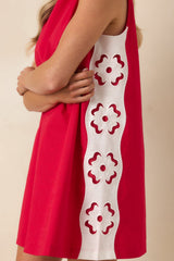 Cut It Out Red & White Linen Blend Floral Cutout Mini Dress
