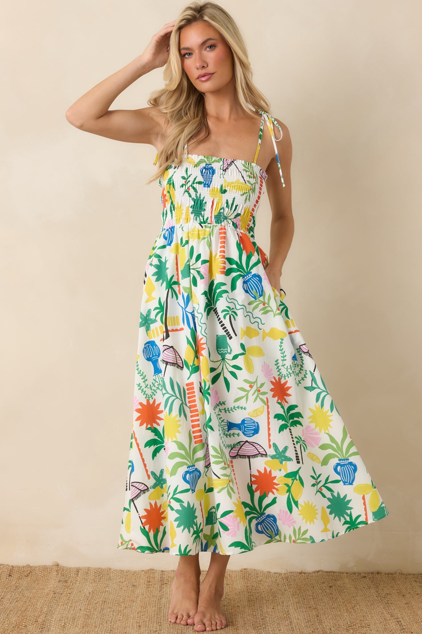 Paradisa Havana White Multi Cotton Coastal Resort Print Midi Dress