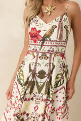 Aylaya Luna Deep Red & Moss Green Multi Tropical Print Maxi Dress