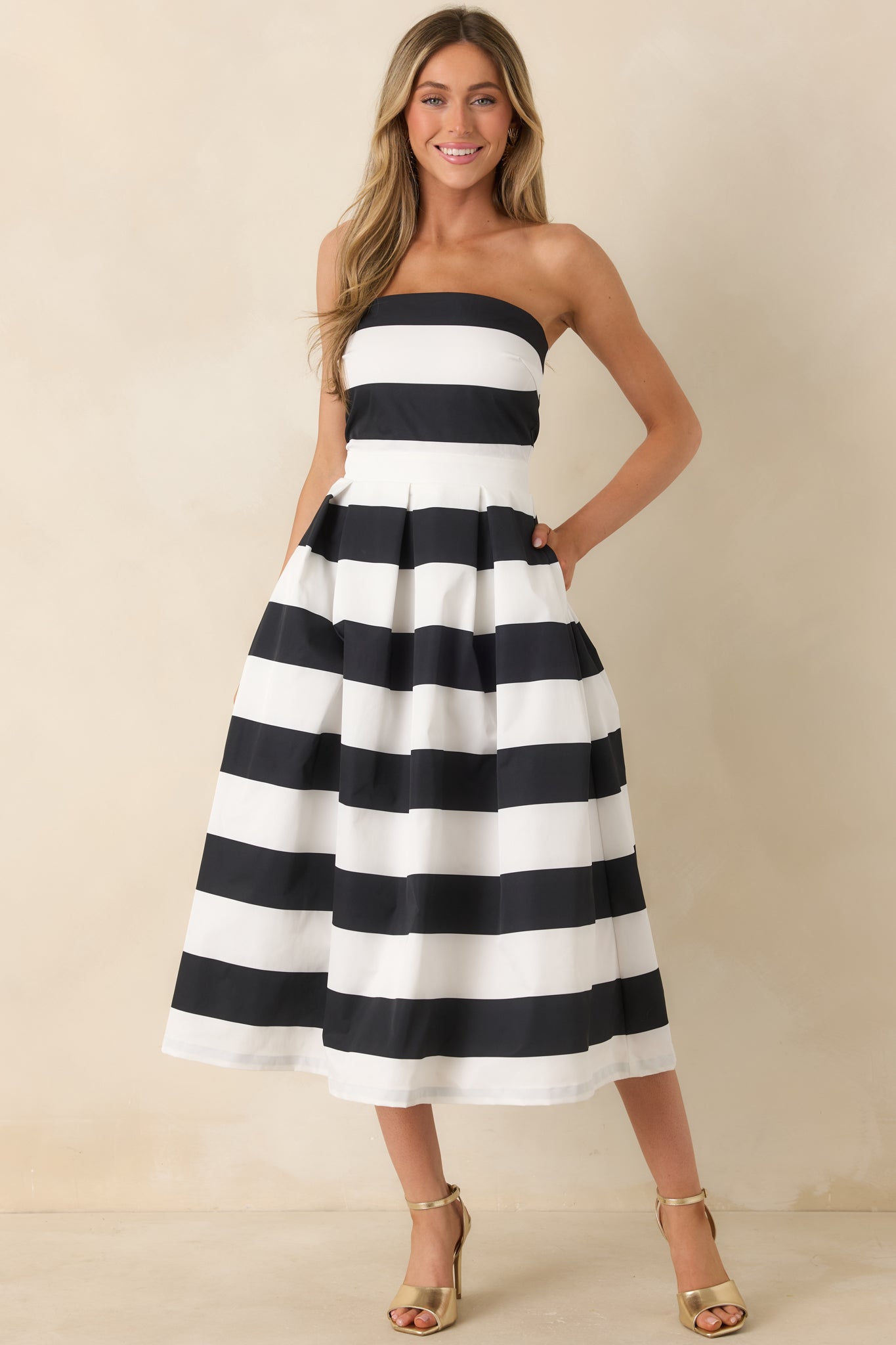 Crisp Contrast Black & White Stripe Strapless Midi Dress