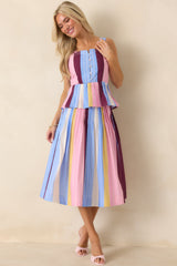 You Noticed Multi Stripe Cotton Pleated Sleeveless Peplum Top