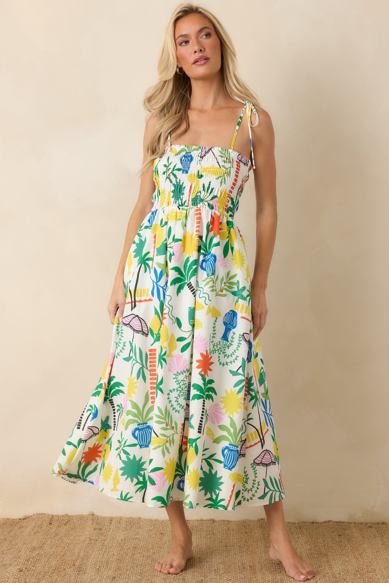 Paradisa Havana White Multi Cotton Coastal Resort Print Midi Dress
