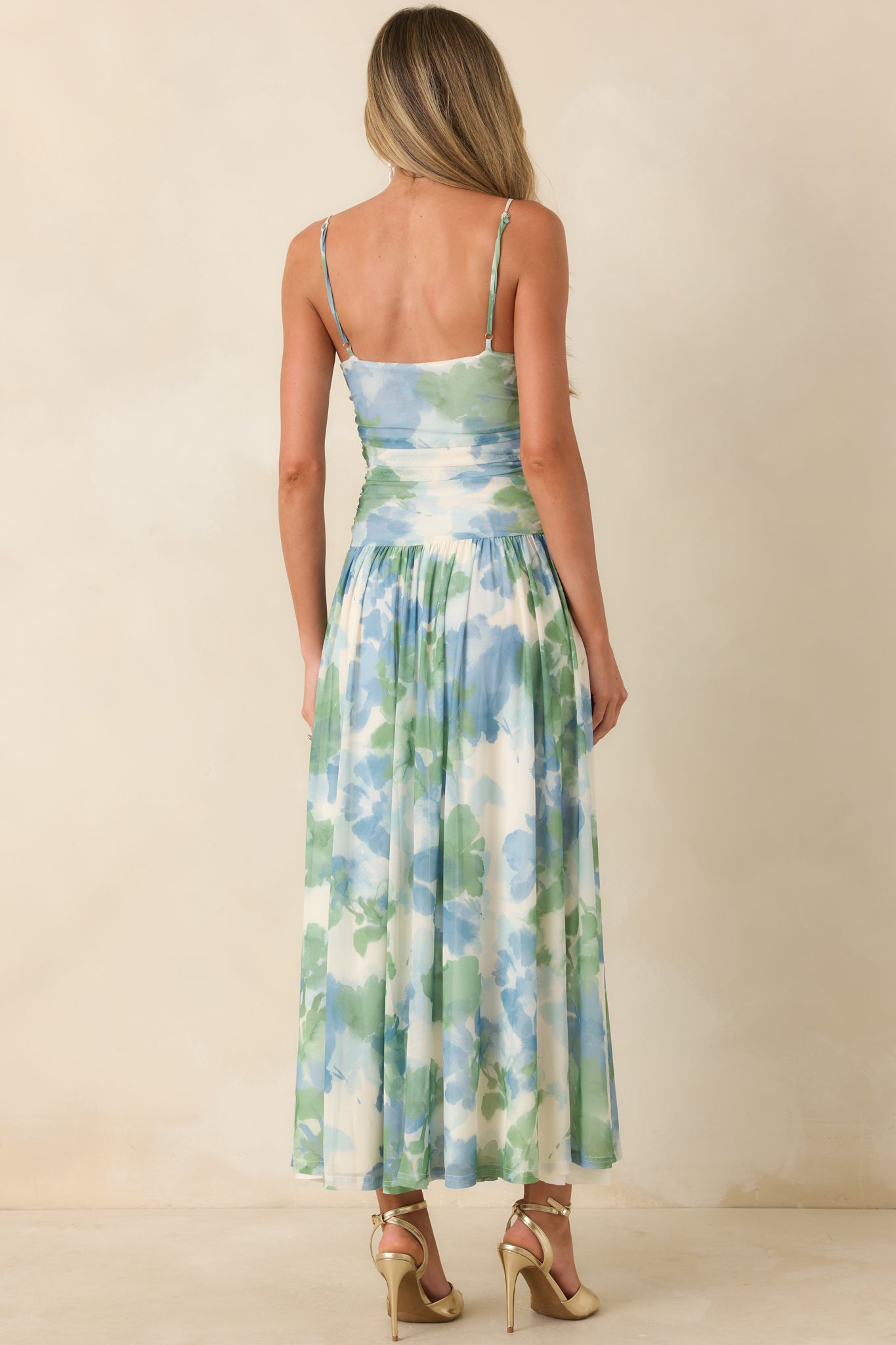 MINKPINK Carrie Blue & Green Watercolor Floral Mesh Maxi Dress
