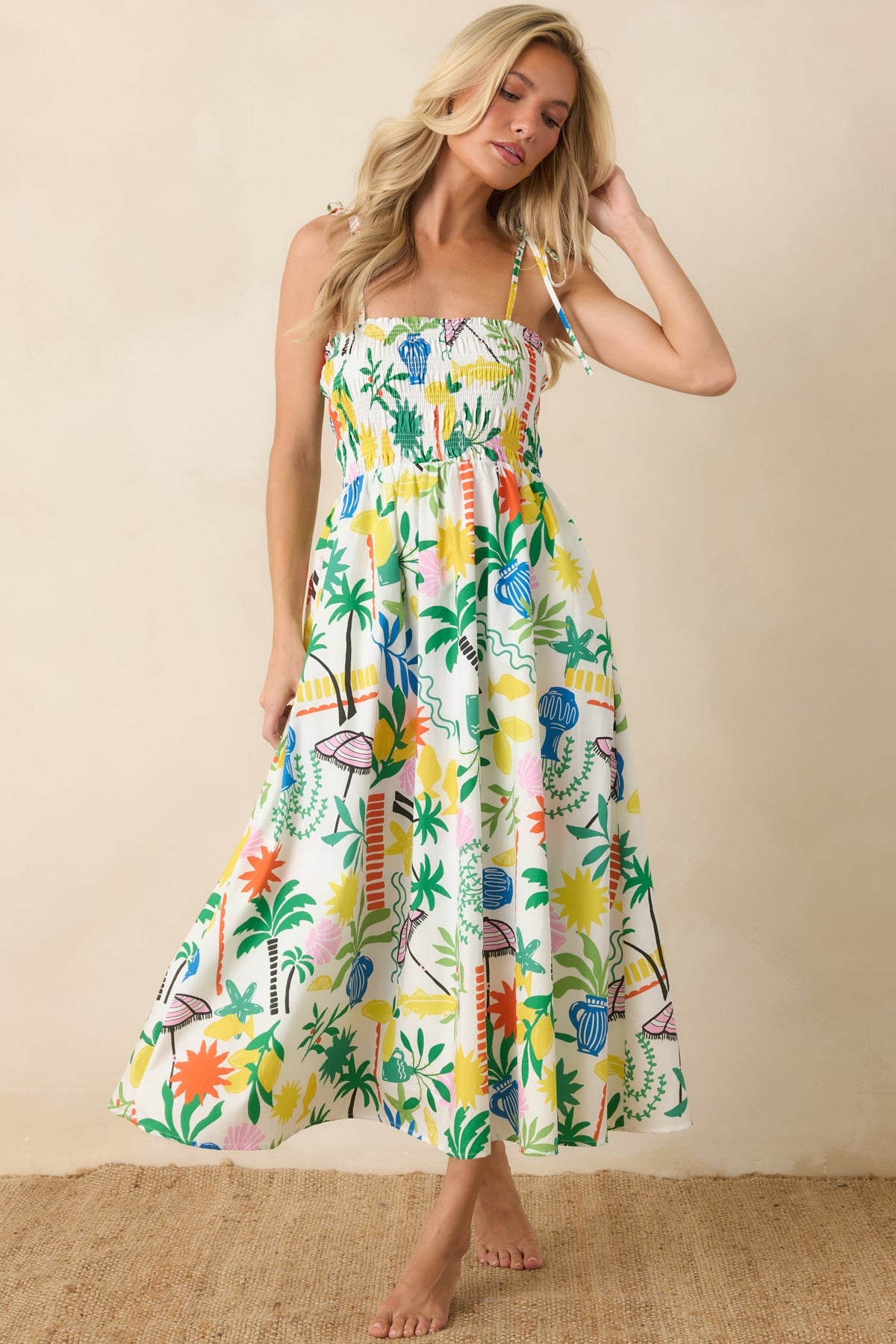 Paradisa Havana White Multi Cotton Coastal Resort Print Midi Dress