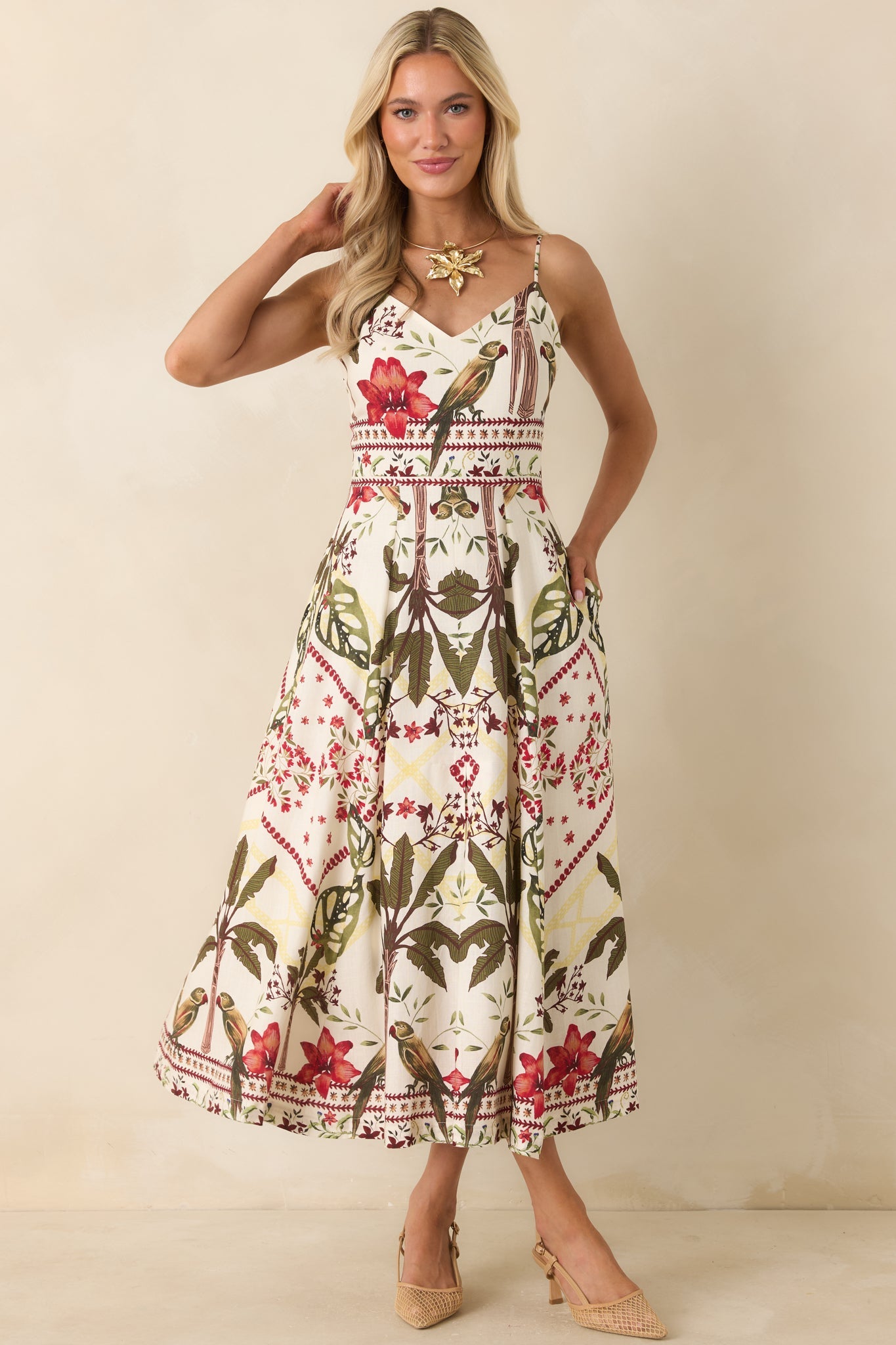 Aylaya Luna Deep Red & Moss Green Multi Tropical Print Maxi Dress