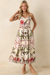 Aylaya Luna Deep Red & Moss Green Multi Tropical Print Maxi Dress